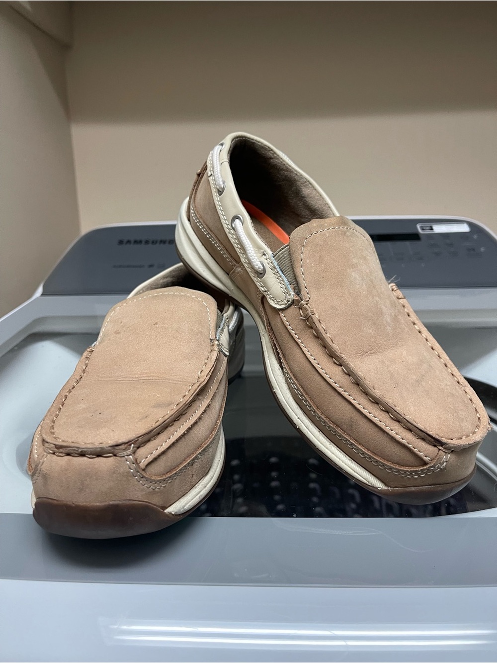 Rockport Women’s Casual Slip-On Safety Toe Loafers in Light Brown and Cream